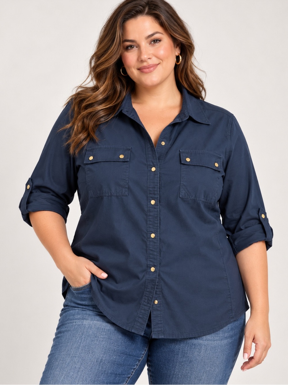 Zac & Rachel Navy Button-Front Utility Shirt Size-XXL Elevated Casual